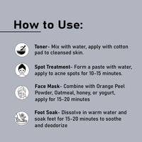 Steps to use alum powder for toner, spot treatment, face mask, or soothing foot soak.