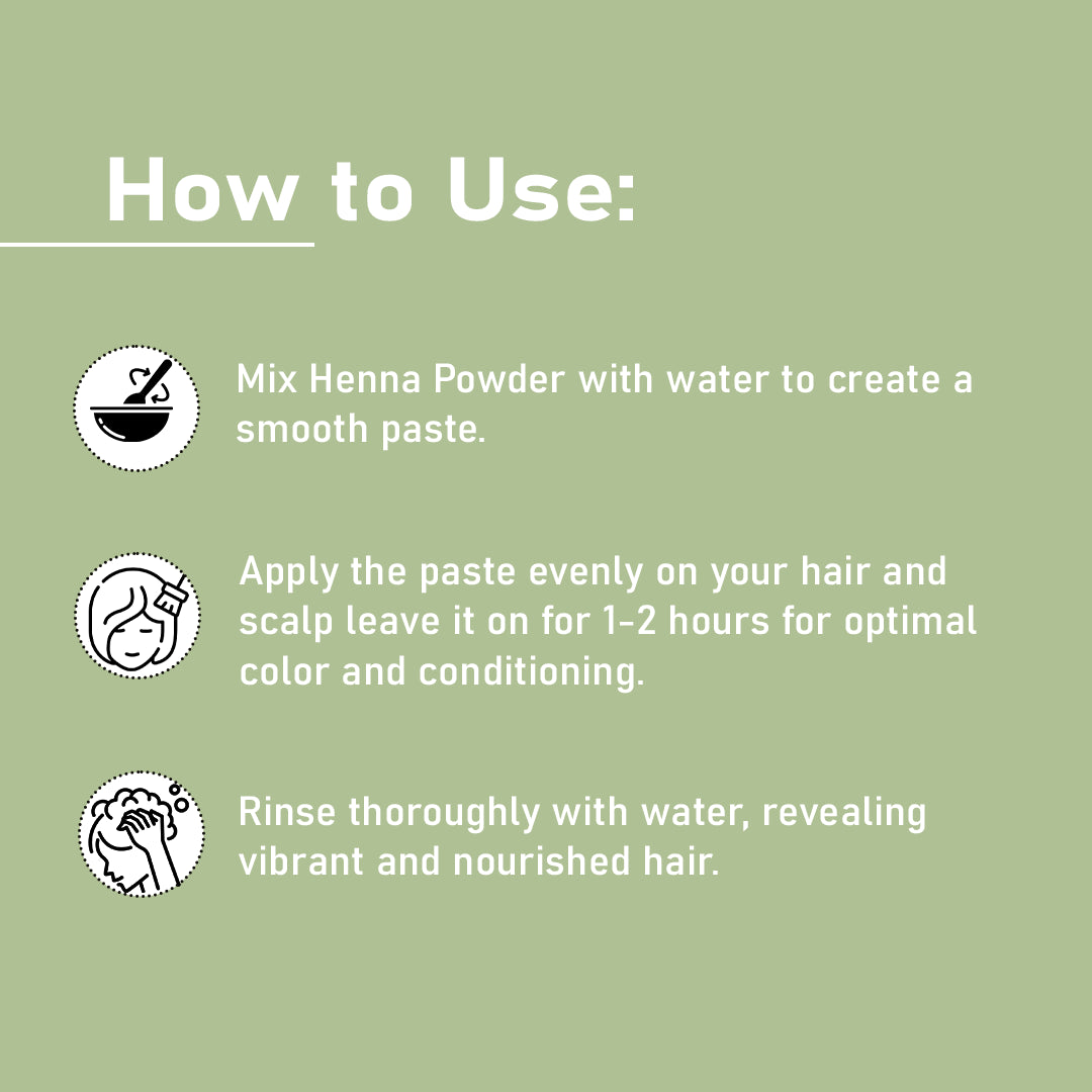 Steps to apply henna powder for hair color and conditioning, from mixing to rinsing.