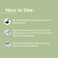 Steps to apply henna powder for hair color and conditioning, from mixing to rinsing.